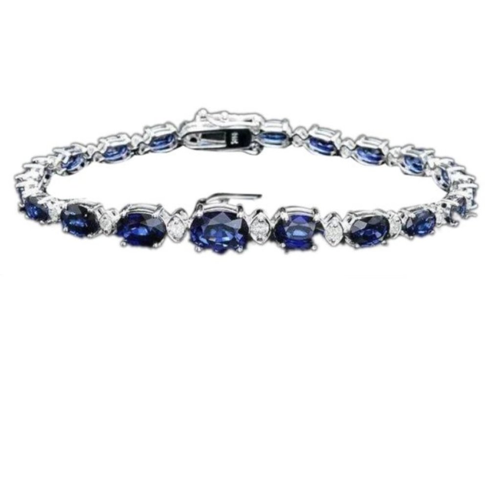 12.60 Natural Blue Sapphire and Diamond 14K Solid White Gold Bracelet